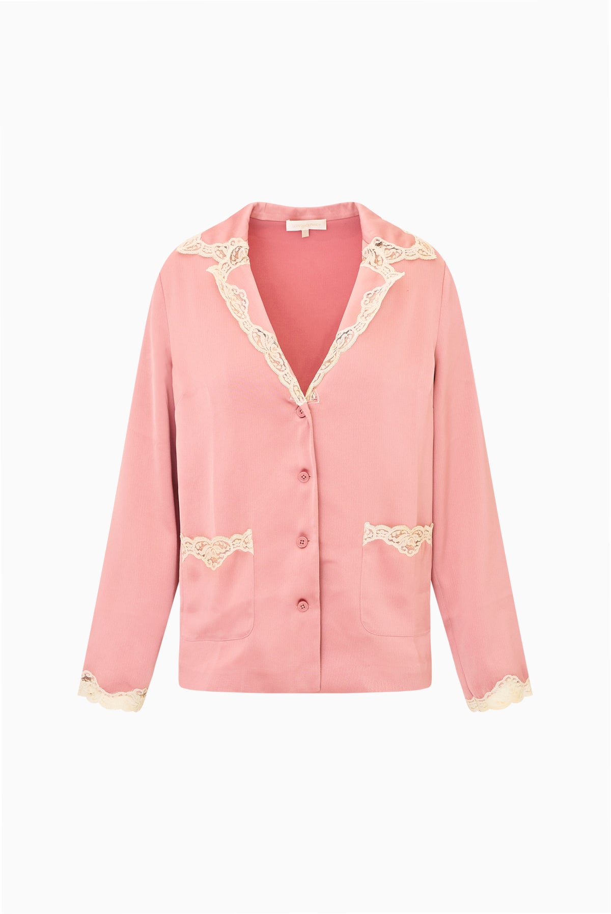 Women's crepe button-down top in flushed nude with lace-trim V neckline and button placket