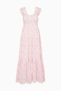 Light pink floral maxi dress with flutter sleeves and gathered skirt