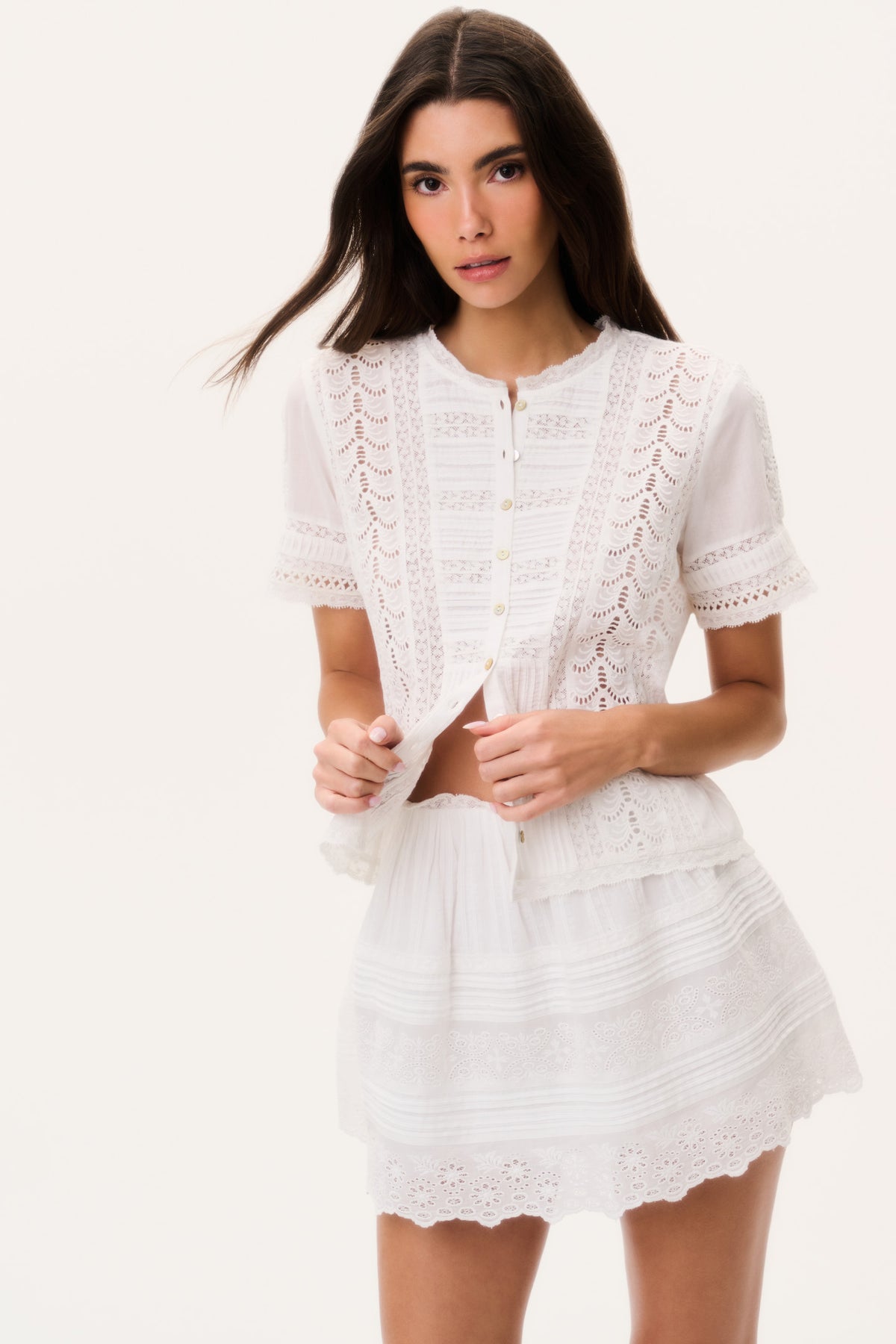 White cotton Victorian top with lace detailing, button front, and short scalloped sleeves