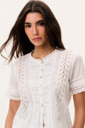 White cotton Victorian top with lace collar and button front, short sleeves
