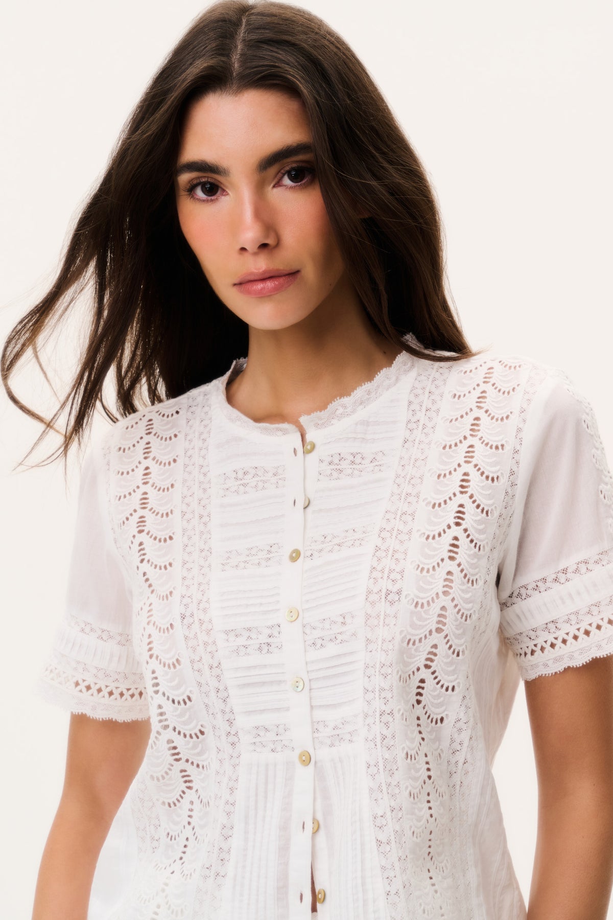 White cotton Victorian top with lace collar and button front, short sleeves