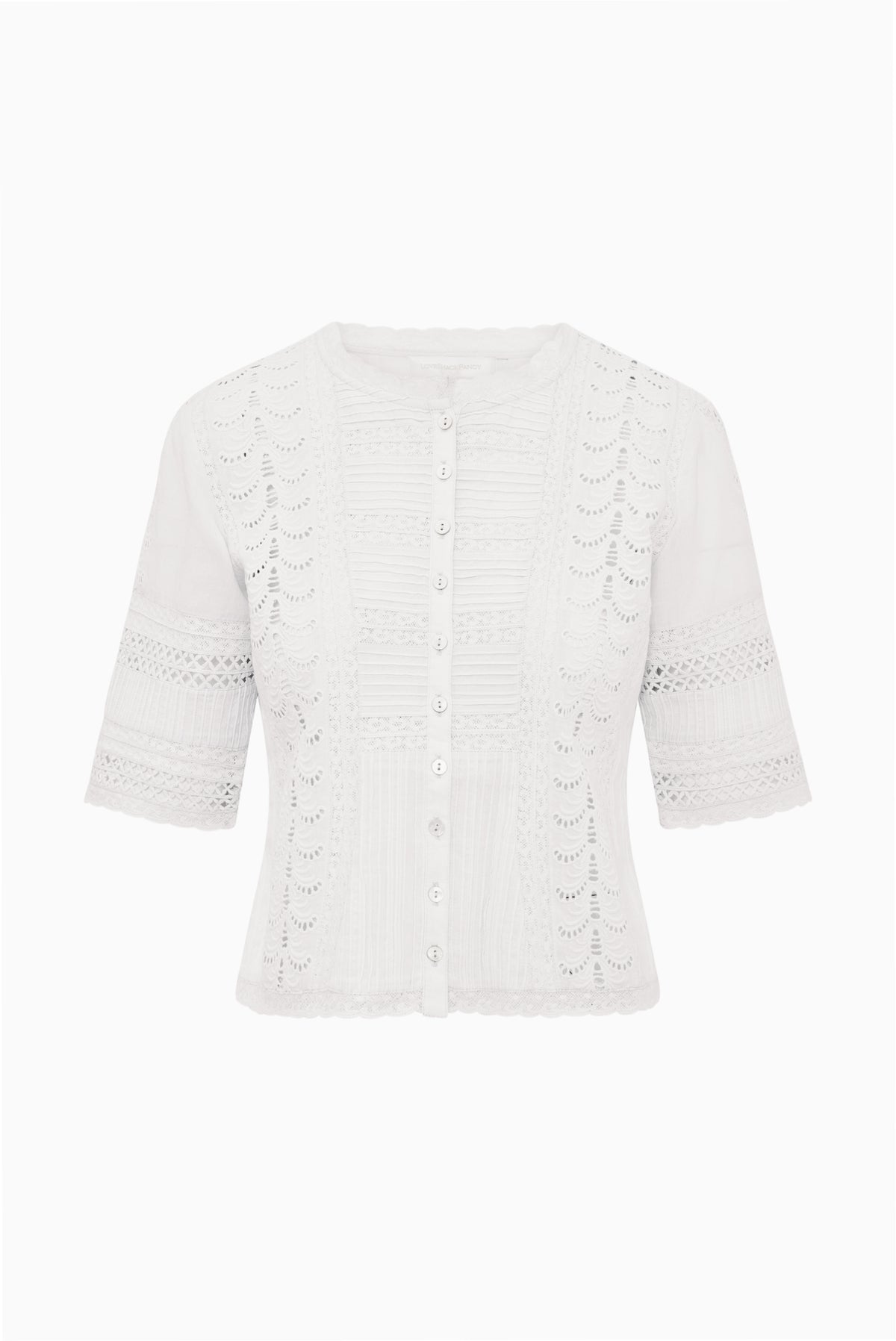 White cotton Victorian top with lace yoke, button front, and 3/4-length sleeves