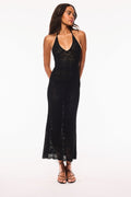 Black pointelle knit maxi dress, sleeveless V-neck with scalloped lace hem