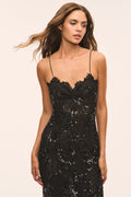 Black lace maxi dress with spaghetti straps and scalloped V neckline