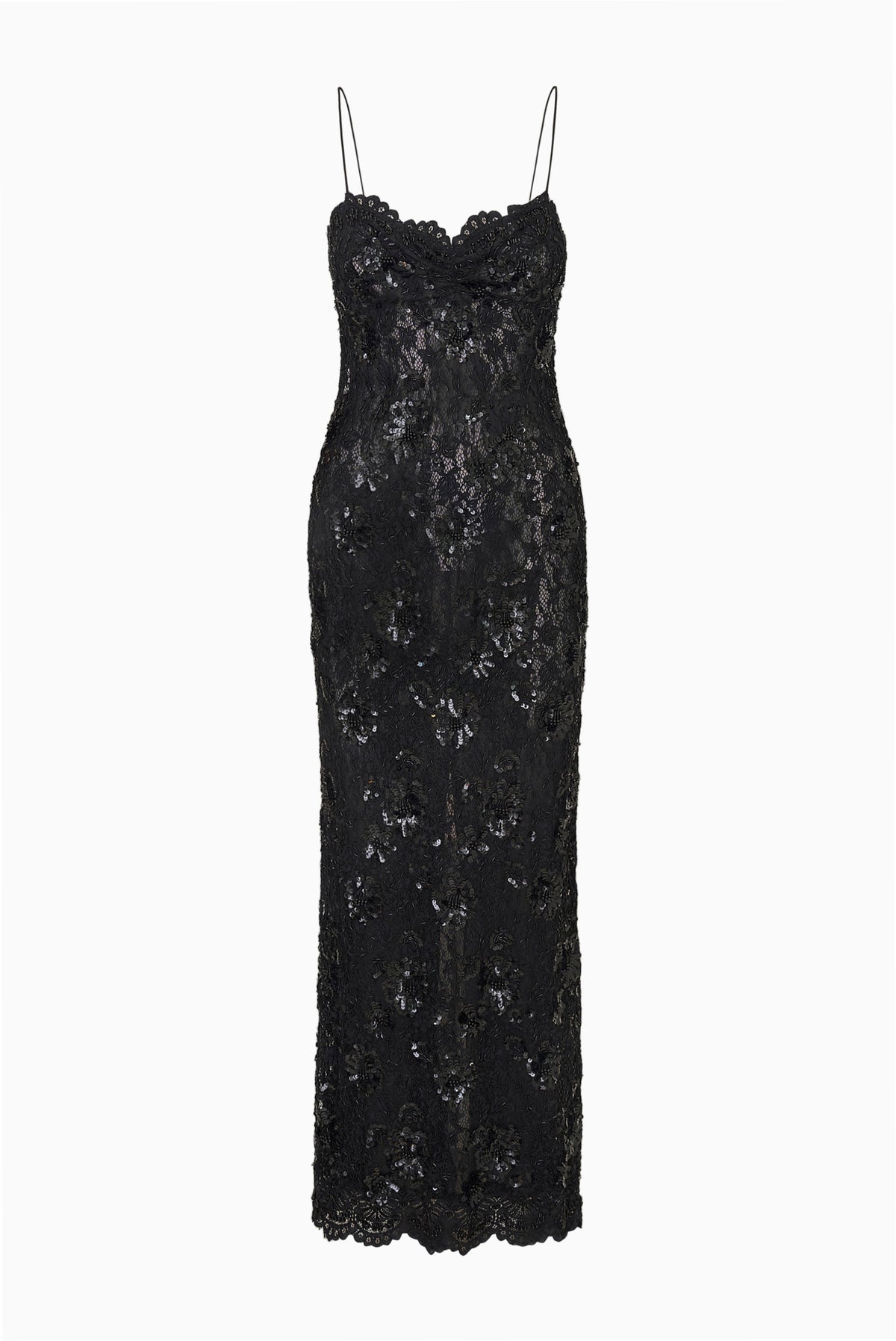 Black embellished lace maxi dress with spaghetti straps and scalloped neckline