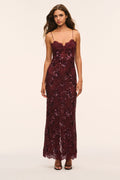 Bordeaux embellished lace maxi dress with spaghetti straps and scalloped neckline