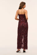 Bordeaux lace maxi dress back view with thin spaghetti straps and lace overlay