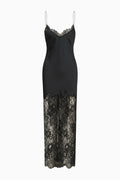 Black lace maxi dress on white background, satin bodice and lace panel skirt