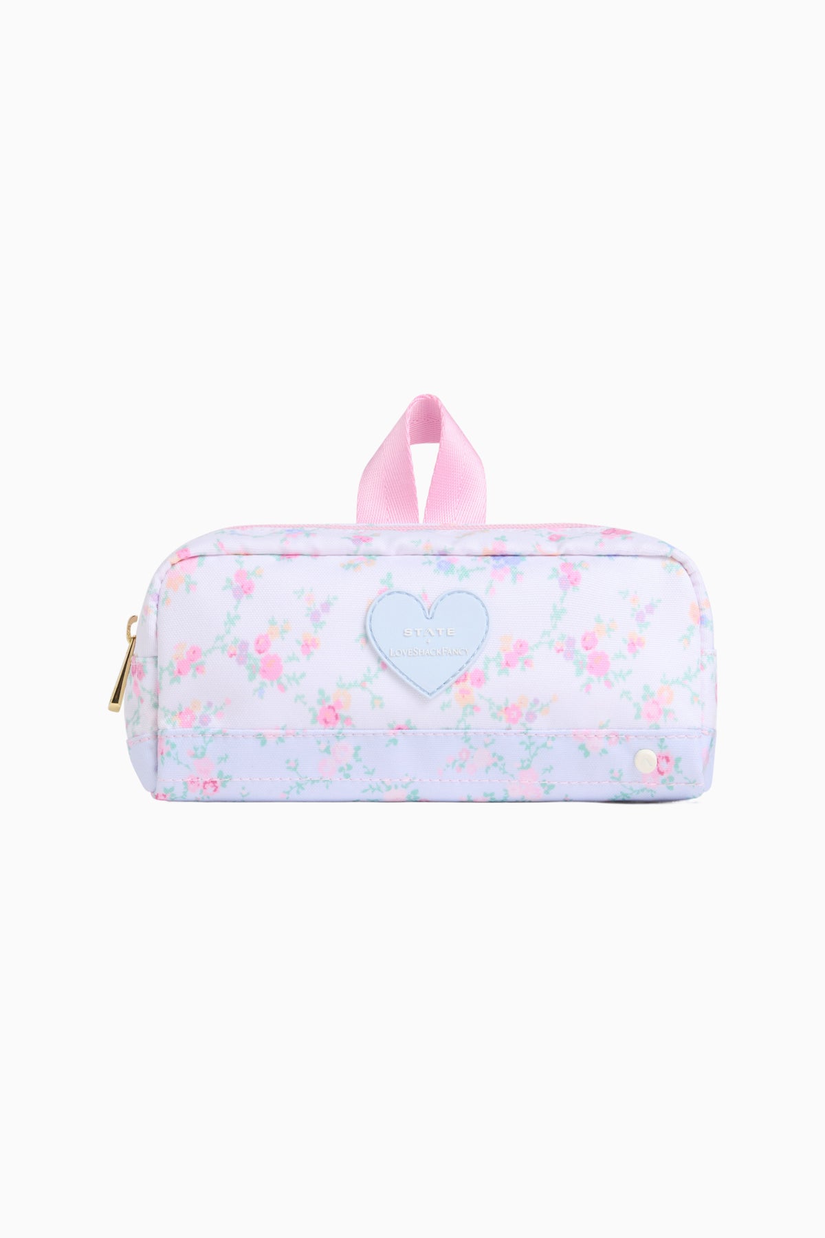 Floral pencil case with heart patch, zipper closure, ribbon handle
