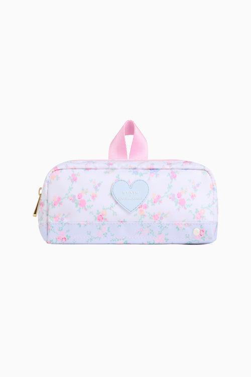 Floral pencil case with heart patch, zipper closure, ribbon handle