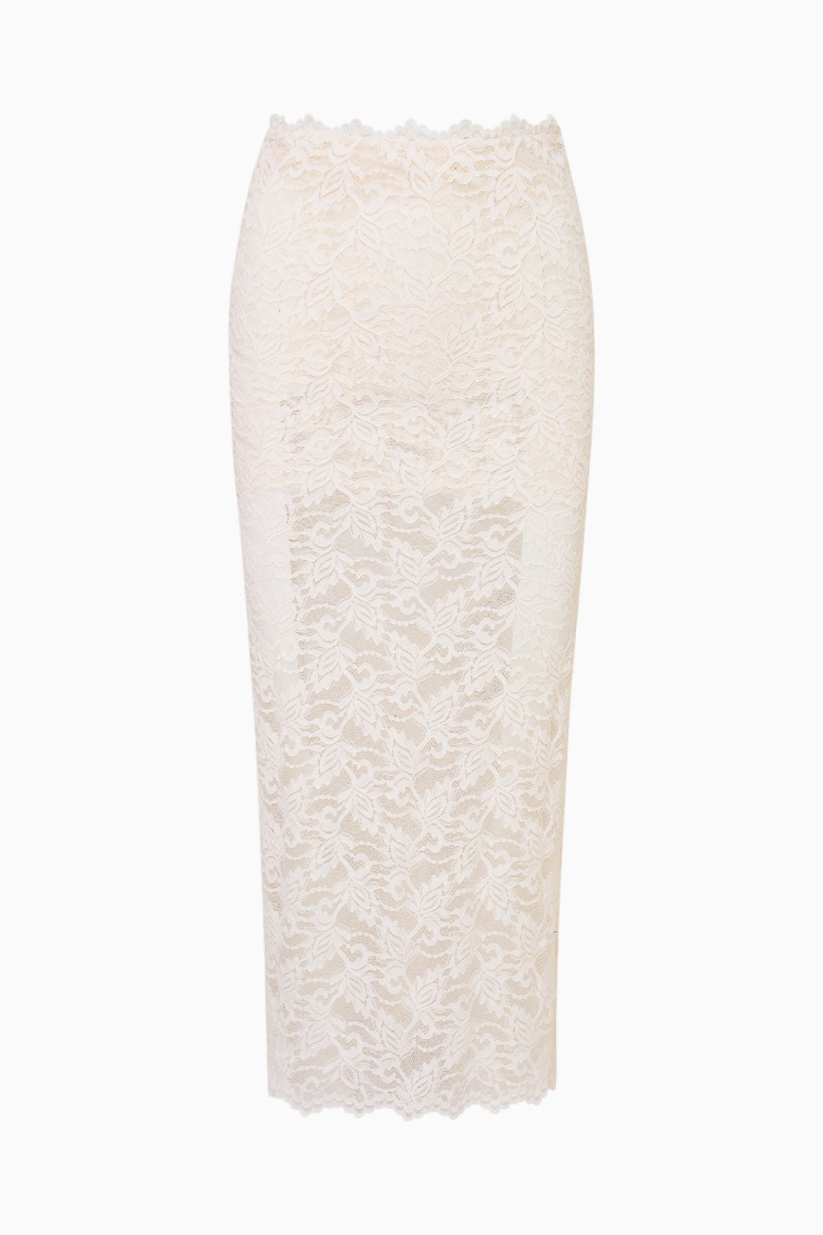 Antique white stretch lace maxi skirt with scalloped elastic waistband
