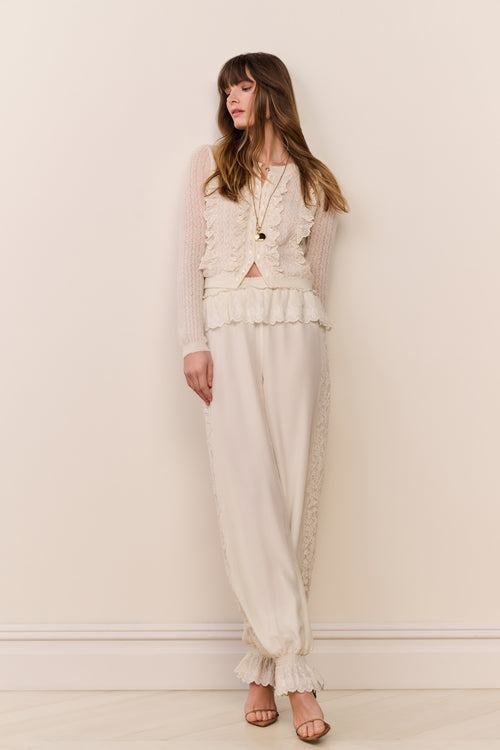 Cream silk balloon pants featuring lace details and gathered elastic hem cuffs
