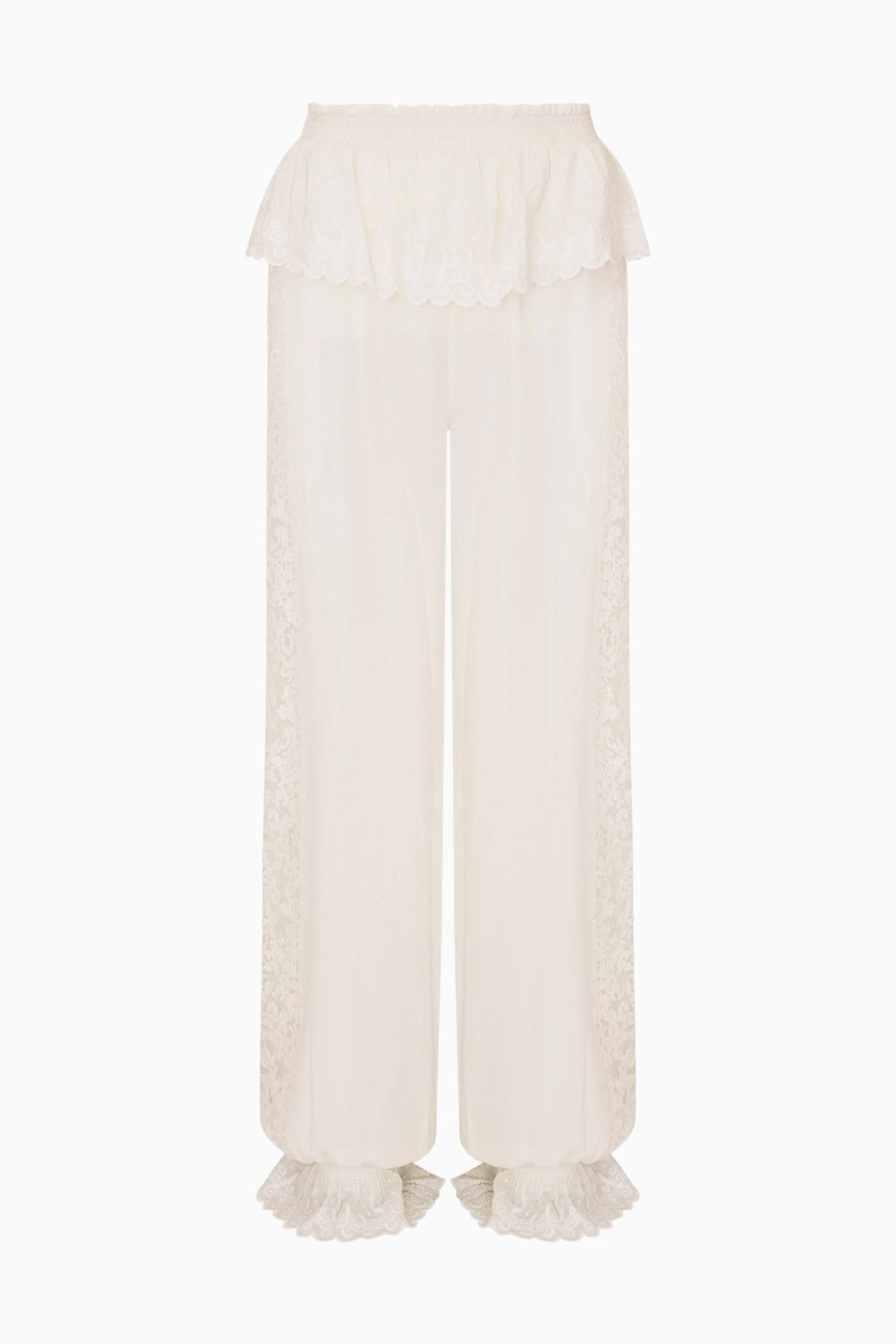 Cream silk lace-trimmed balloon pants with ruffled cuffs and elastic waistband