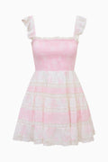 Pink cotton mini dress, ruffled square neckline, and tiered skirt, flat lay