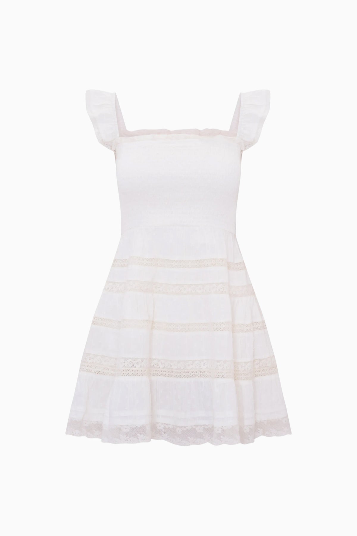 Lace-trimmed cotton mini dress with square neckline, ruffle straps, tiered skirt