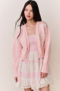 Petal pink button-front cardigan with bow embroidery and V-neck