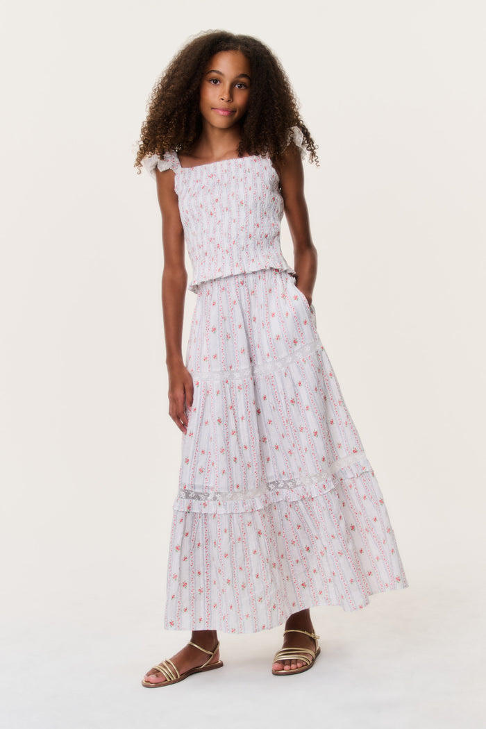 Girls cherry print tiered skirt with elastic waist and fluttery layered ruffle hem