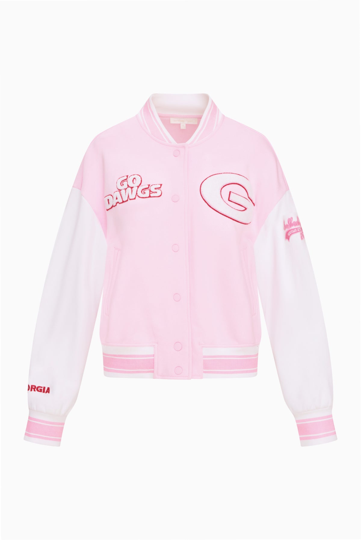 Light pink snap-front varsity jacket with red-outlined patches and striped cuffs.