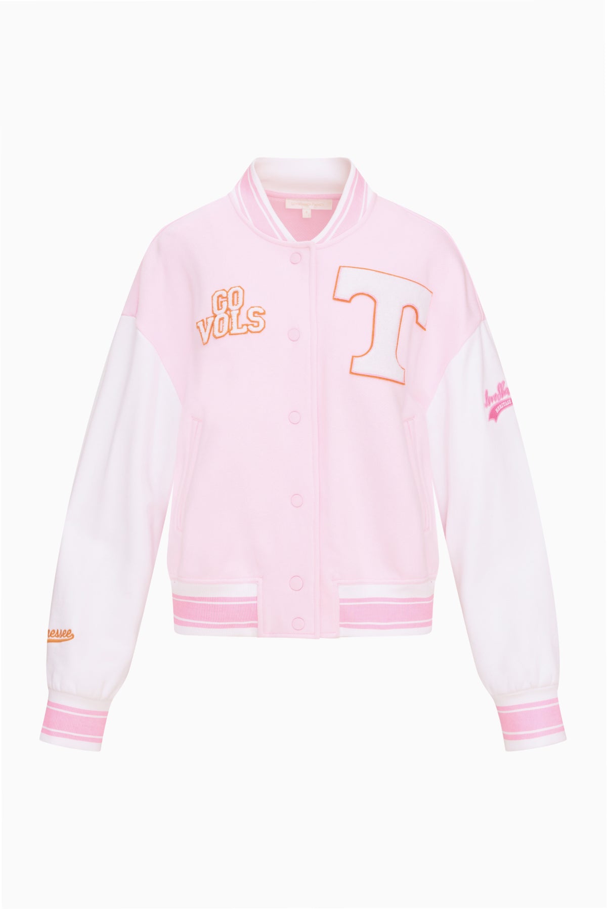 Front view of pink varsity jacket with snap buttons, striped rib trim, and T applique