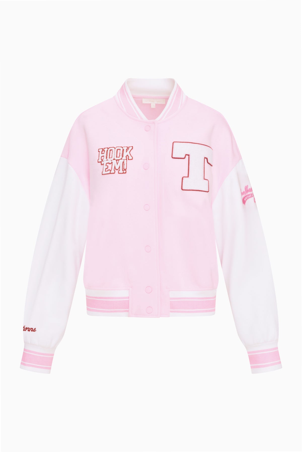 Light pink varsity jacket with button front, ribbed trim, and Hook 'Em patch