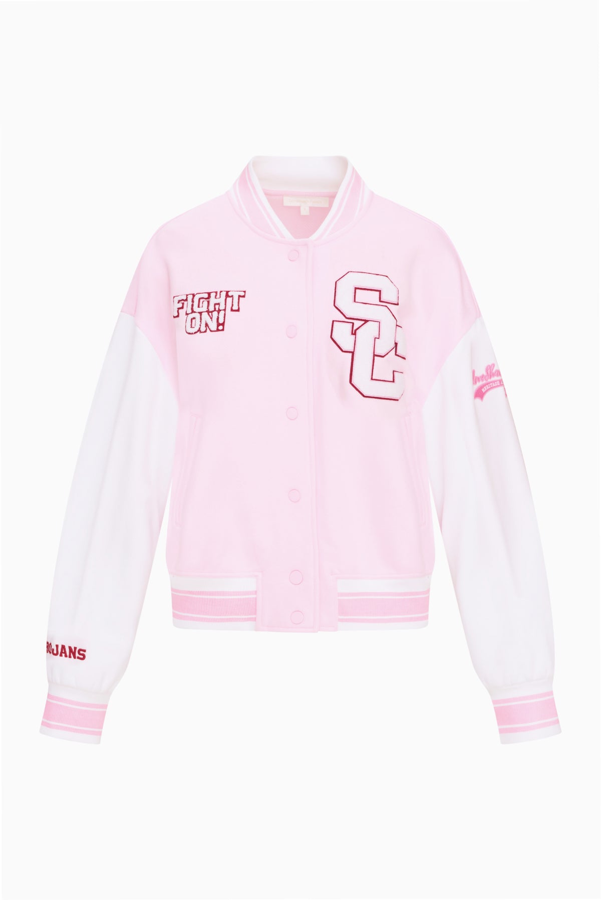 Light pink snap-front varsity jacket with 'FIGHT ON!' patch and red-outlined S emblem.