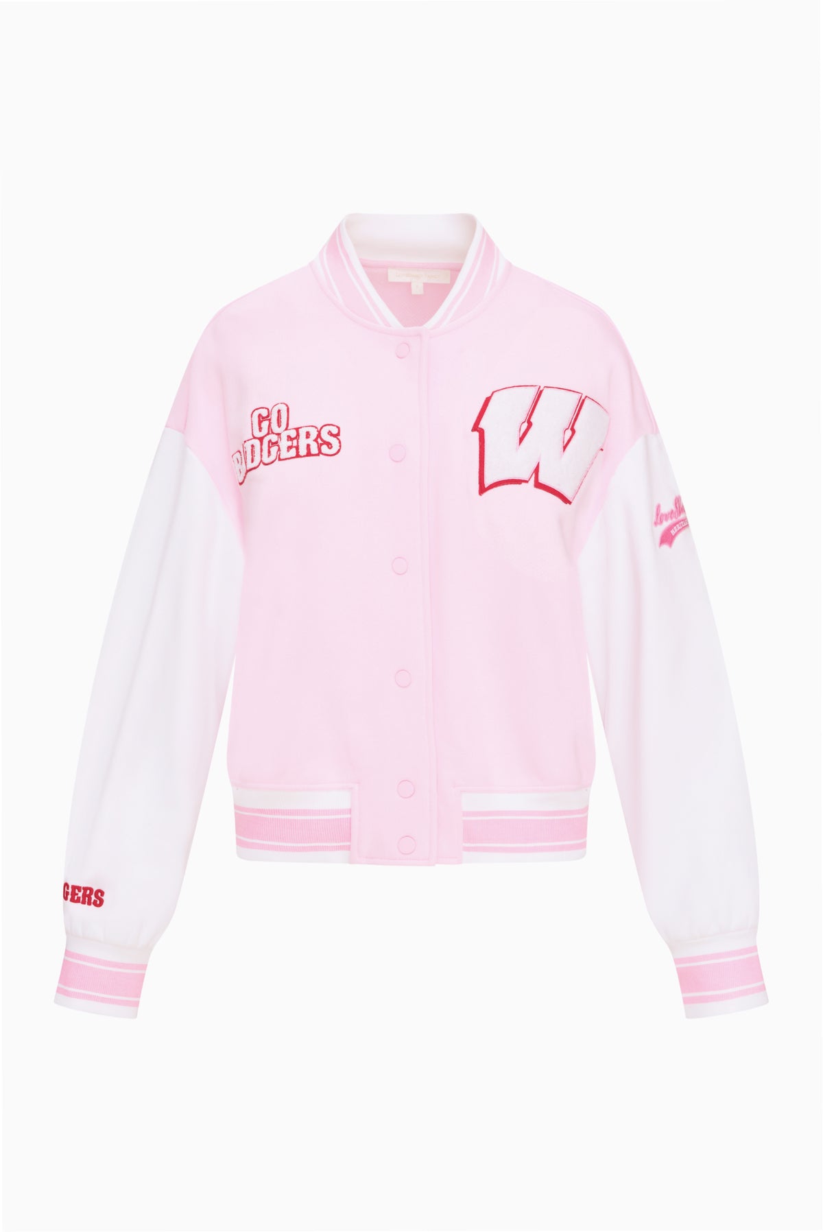 Pink collegiate varsity jacket with snap front and stitched team logo patches