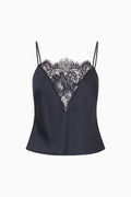 Black satin camisole top with lace V neckline and spaghetti straps