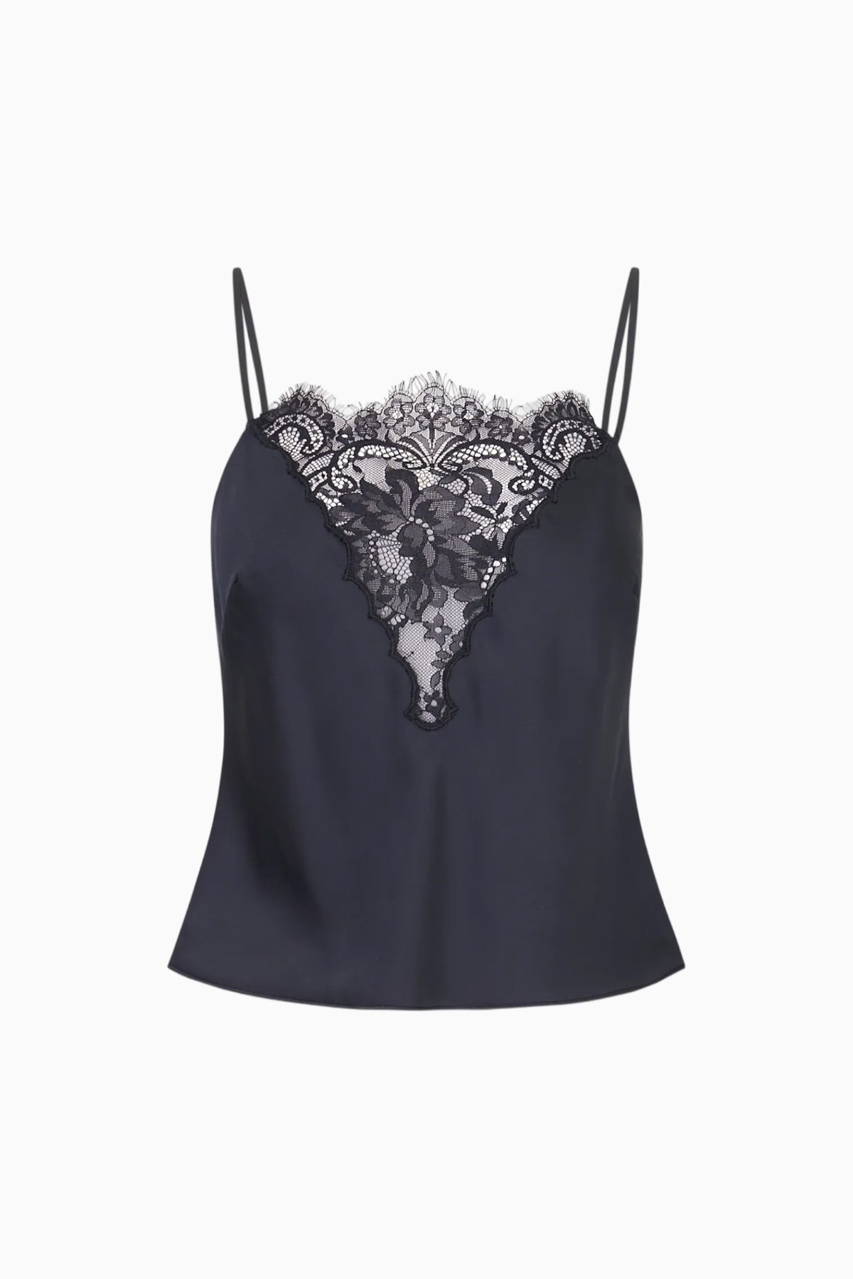 Black satin camisole top with lace V neckline and spaghetti straps