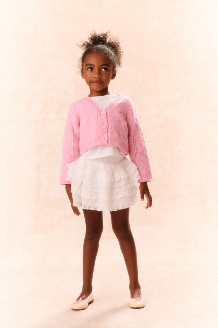 Girls pink wool-cashmere cardigan, button-front knit with long sleeves