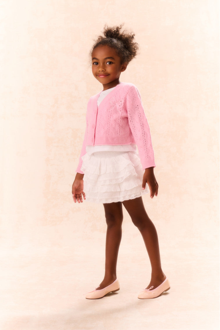Girls pink wool-cashmere cardigan with button-front and long sleeves
