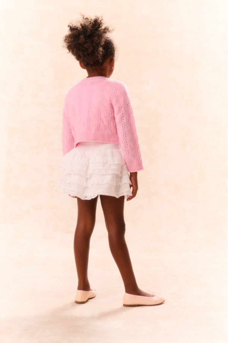 Girls pink wool-cashmere cardigan, back yoke knit and long sleeves