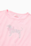 Pink cotton baby tee close-up, ribbed crew neck and sequined dog graphic