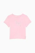 Pink cotton baby tee, short sleeves, small sequined dog graphic at center
