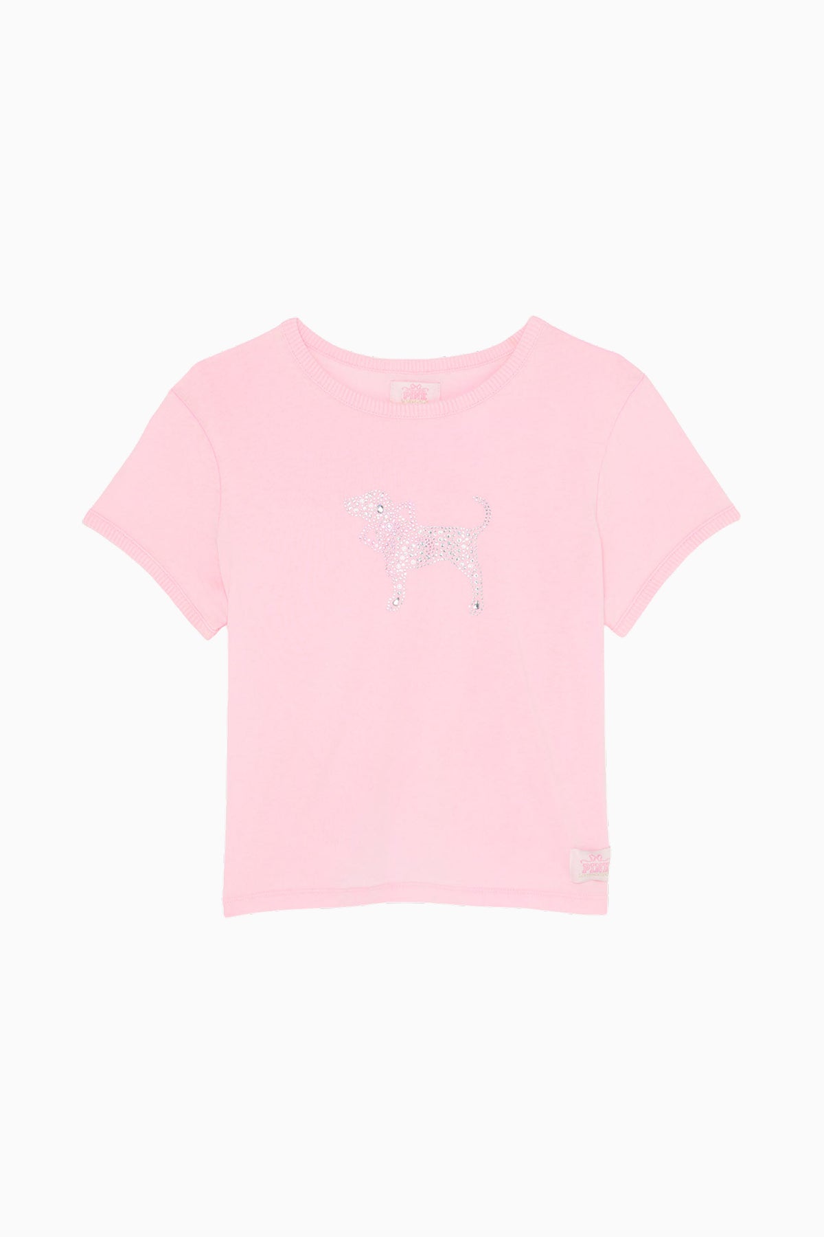 Pink cotton baby tee, short sleeves, small sequined dog graphic at center