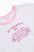 White cotton baby tee with pink “Rules of Pink” graphic text
