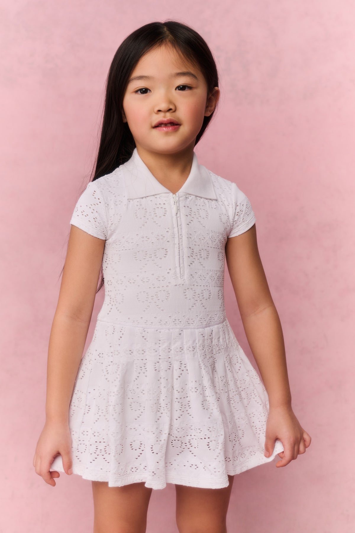 White eyelet short-sleeve dress with Peter Pan collar and front button placket