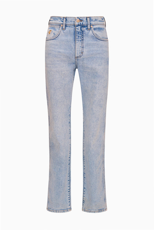 Light wash denim jeans with straight legs and visible front seam stitching