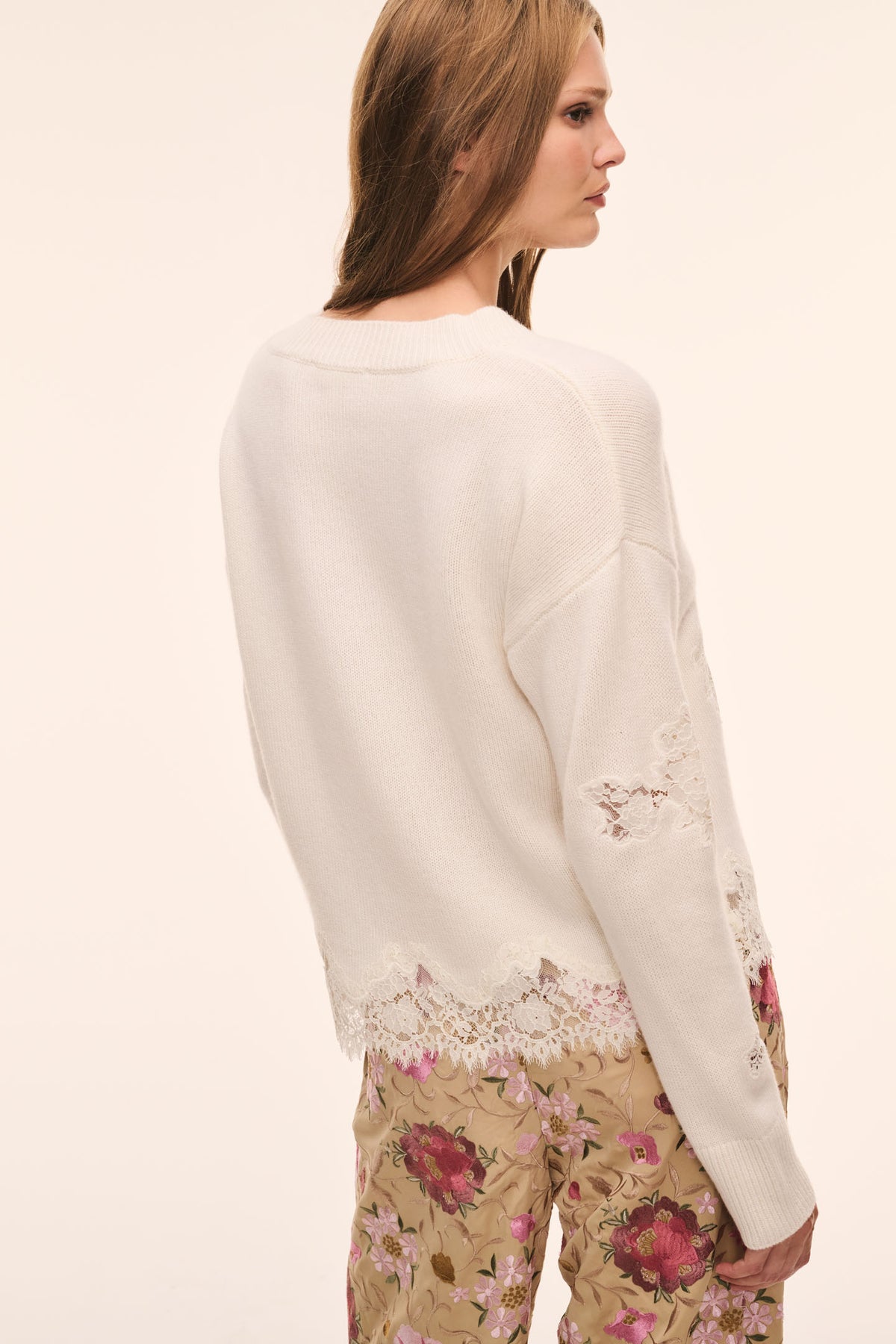 Ardena wool sweater with lace trim, back view, ivory
