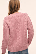 Wool cable knit pullover back, flushed rose pink, ribbed cuffs and hem