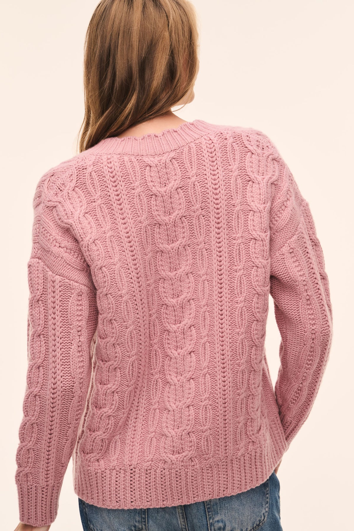 Wool cable knit pullover back, flushed rose pink, ribbed cuffs and hem