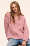 Wool cable knit V-neck pullover, flushed rose pink, textured cable stitch