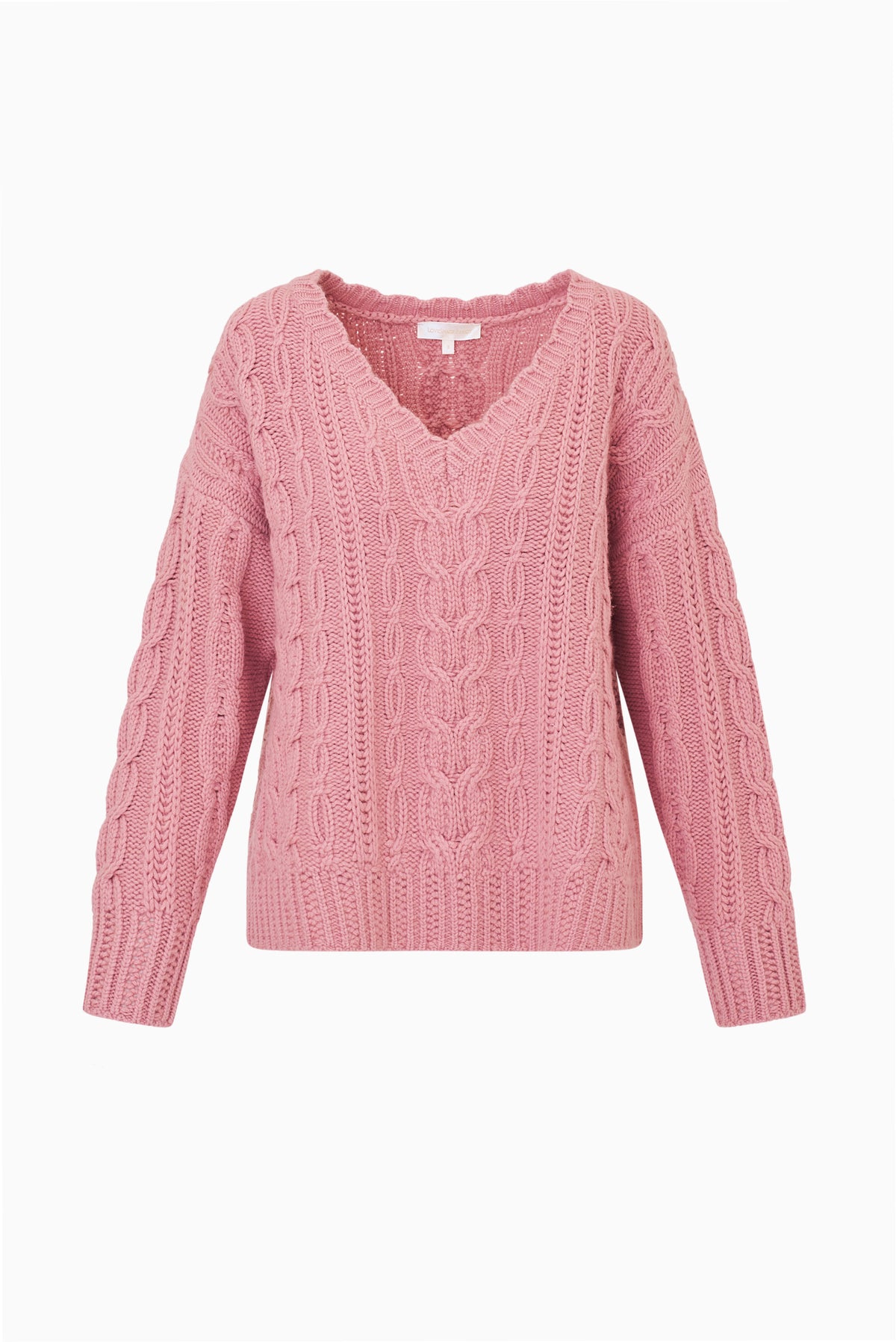 Wool cable knit pullover sweater, flushed rose pink, V-neck, long sleeves