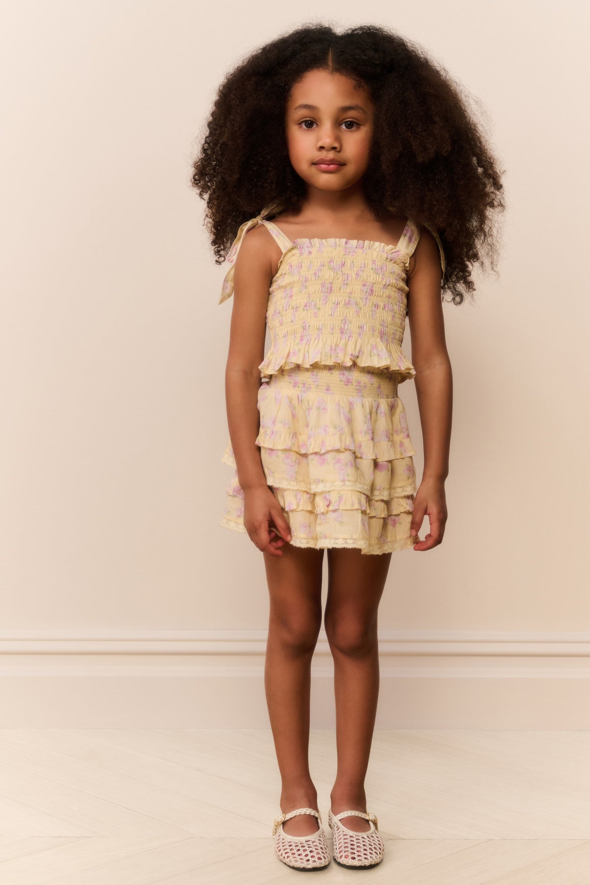 Girls floral tiered skirt with elastic waistband and layered ruffle tiers, pink/white