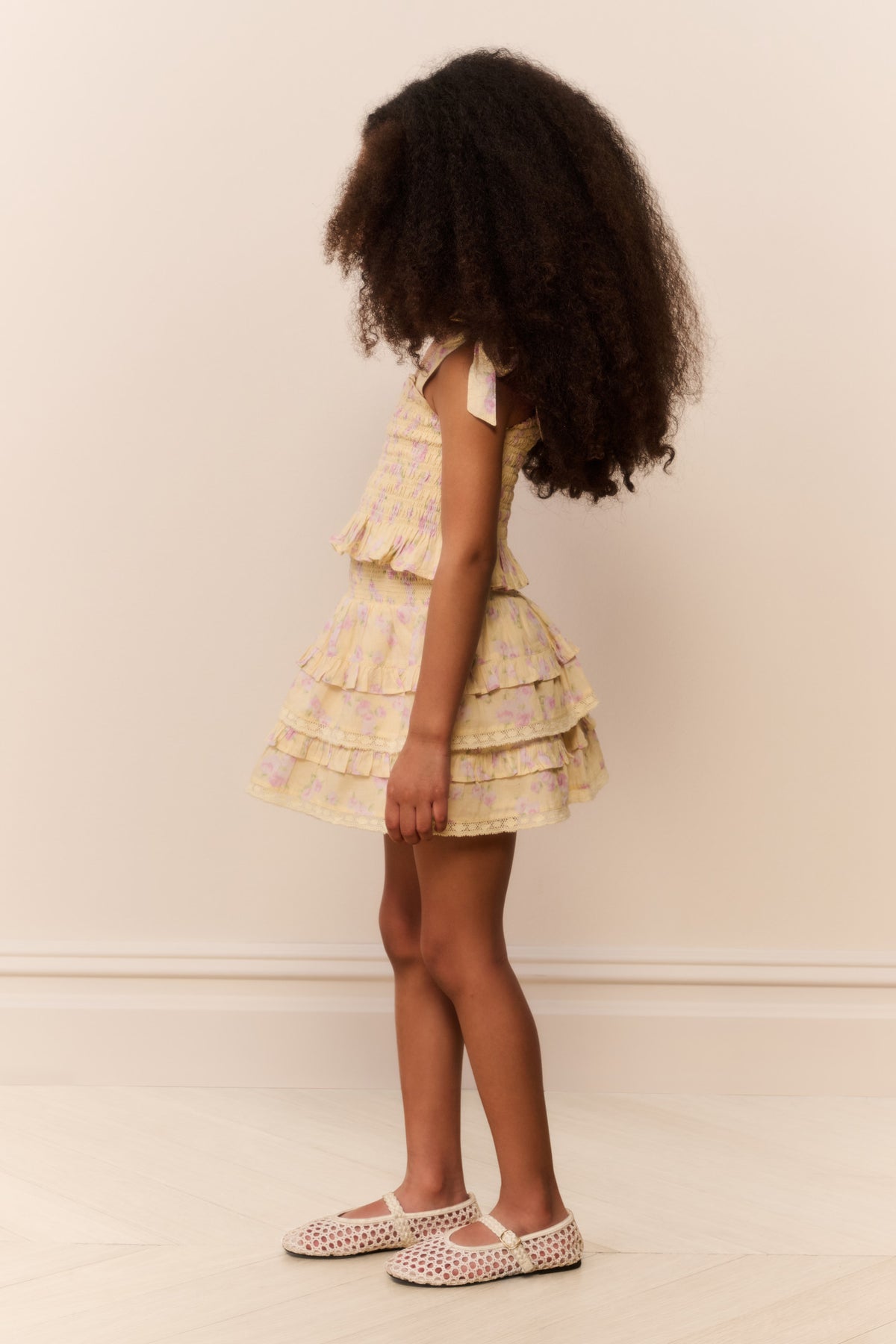Girls floral tiered skirt with layered ruffles and elastic waistband, pink/white