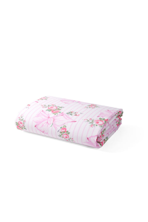 Cotton crib sheet, pink with floral bow pattern and stripes