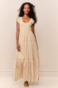Lemon floral tiered maxi dress with scoop neckline and short flutter sleeves