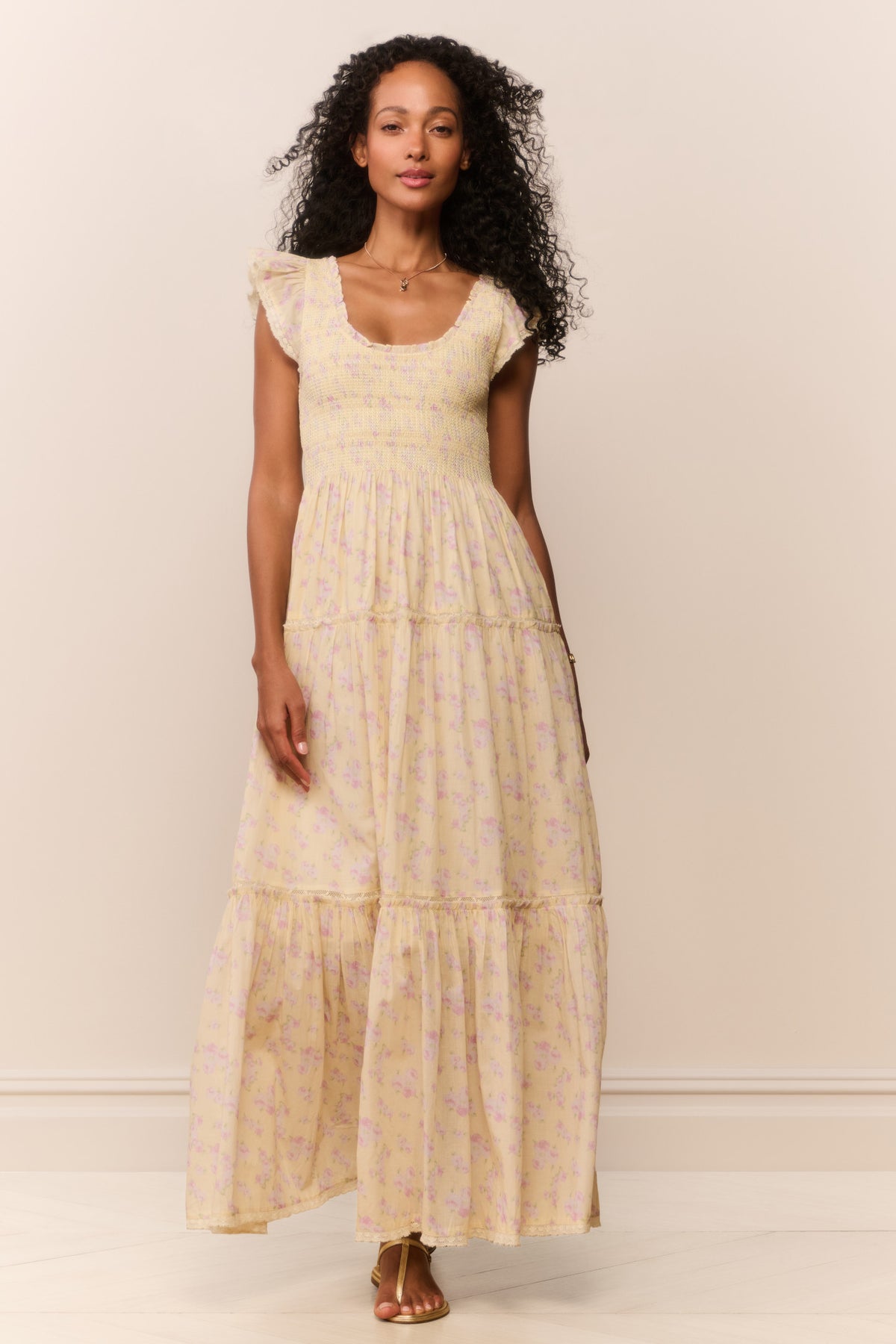 Lemon floral tiered maxi dress with scoop neckline and short flutter sleeves