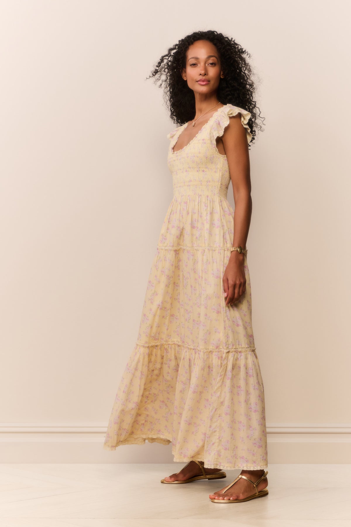 Lemon floral tiered maxi dress with flutter cap sleeves and scoop neckline