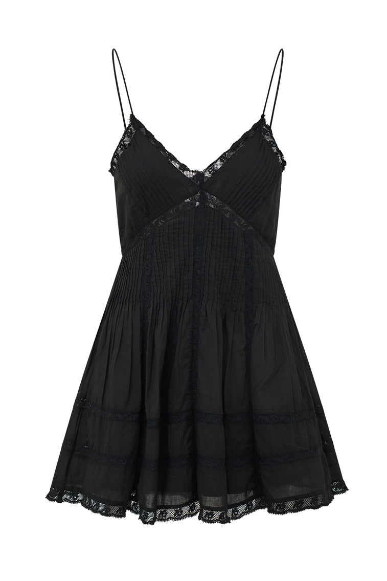 Black cotton mini dress with spaghetti straps and lace V-neck, tiered skirt
