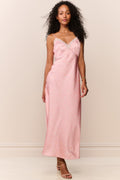 Pink maxi slip dress with ruffled lace bodice and allover tiny print.